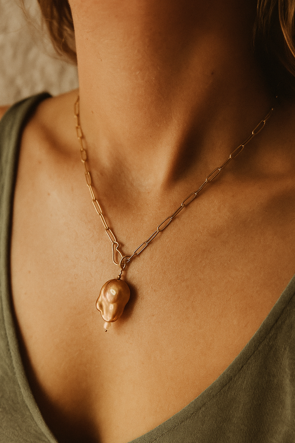 Golden Soleia Adjustable Pearl Necklace - amber + clay